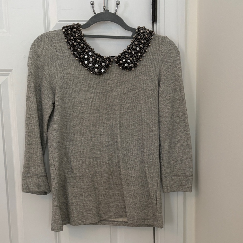 Gray Sweater with Embellished Collar